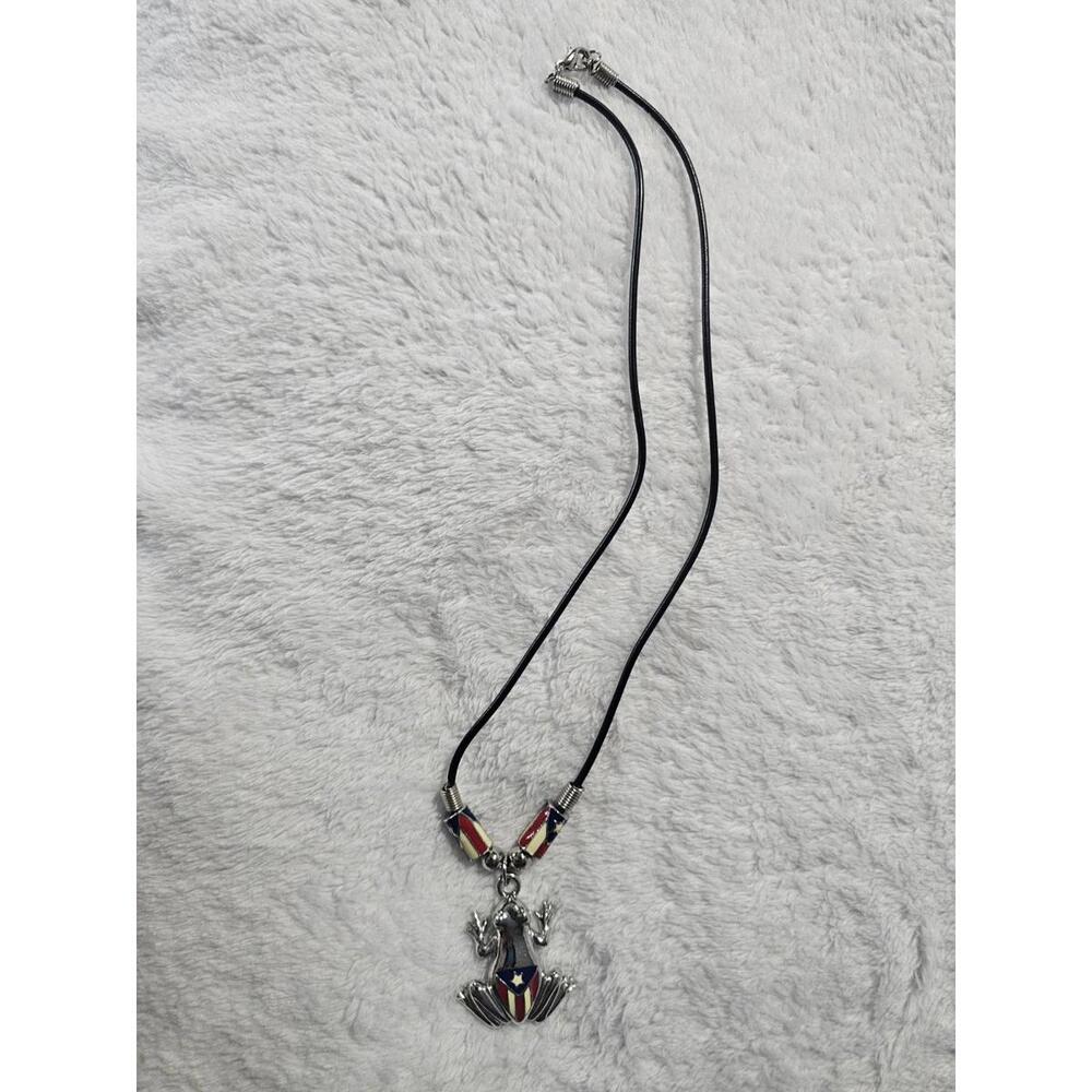 Puerto Rico Flag Frog Pendant Necklace Plastic Red White Blue 9"